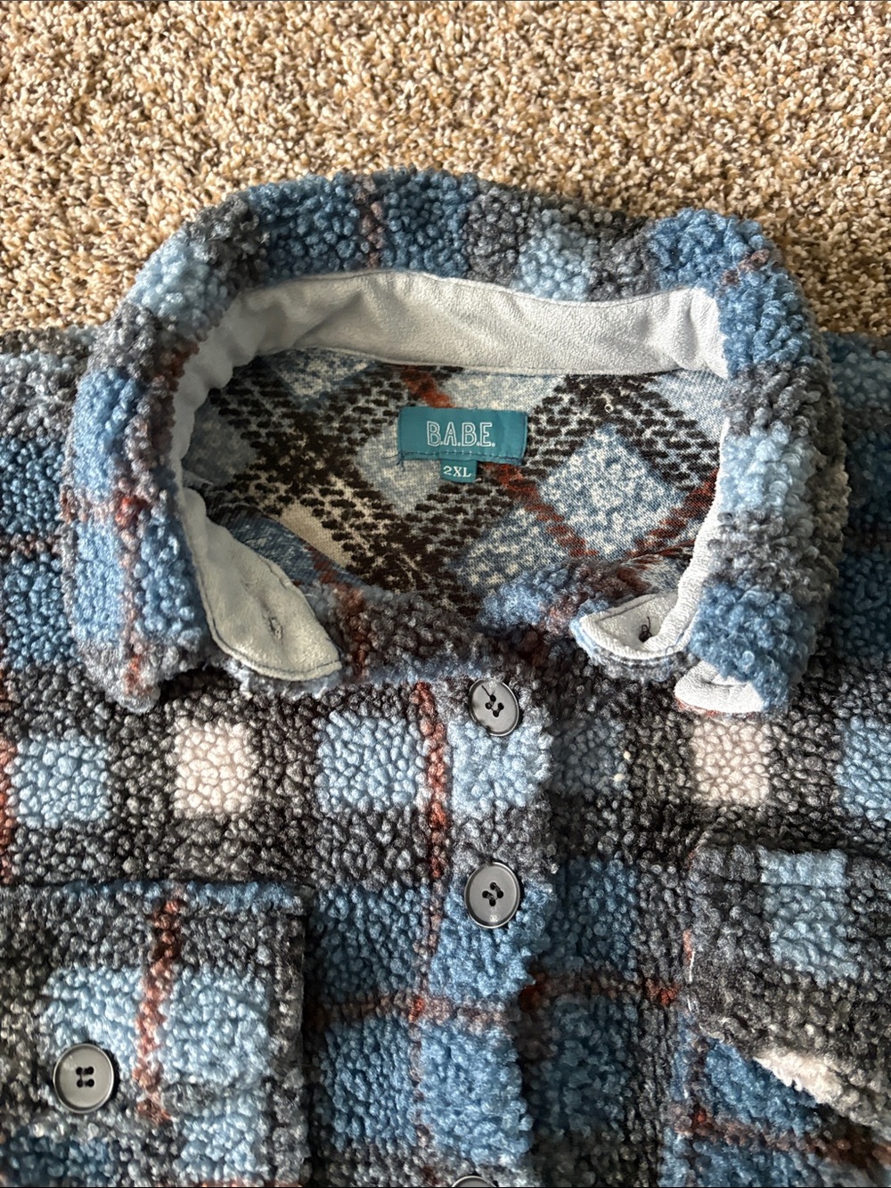 Lands' End Blue and Black Plaid Sherpa Button-Down Jacket Babe - Picture 9 of 9